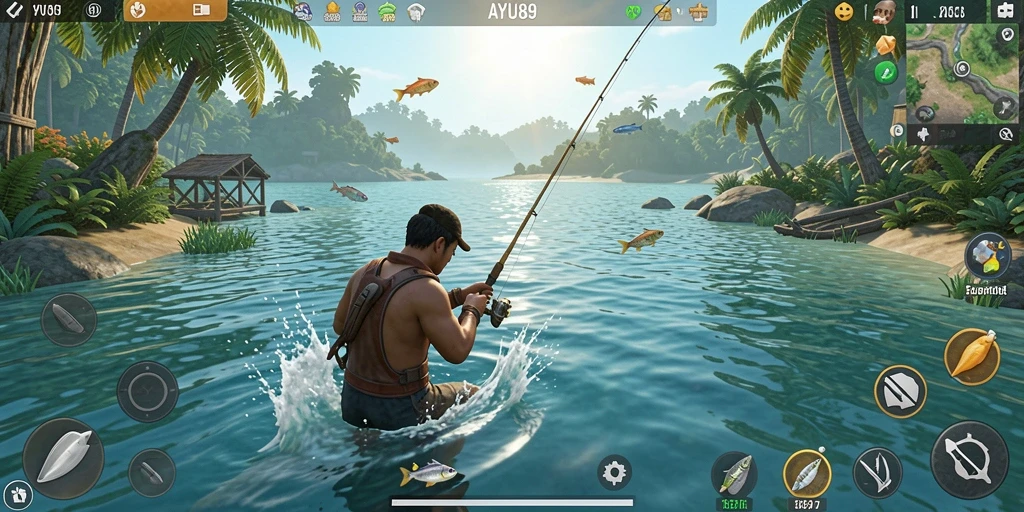 Screenshot gameplay AYU89 dengan momen menegangkan saat memancing.