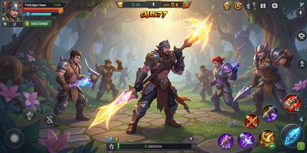 Screenshot gameplay GUS77 yang menampilkan pertarungan seru di dunia fantasi.