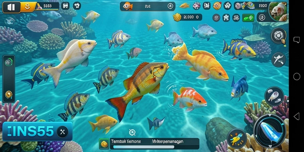 Screenshot gameplay <strong>INS55</strong> yang menampilkan aksi menembak ikan.