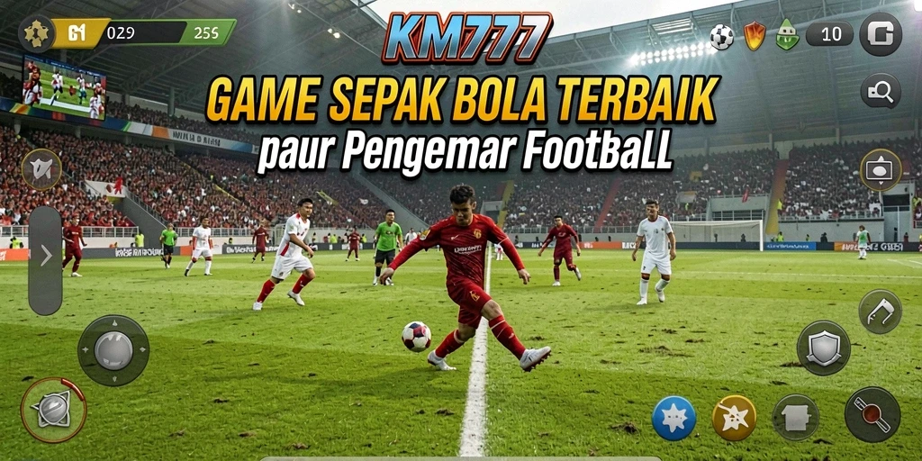 Screenshot gameplay KM777 menampilkan aksi seru dalam pertandingan sepak bola.