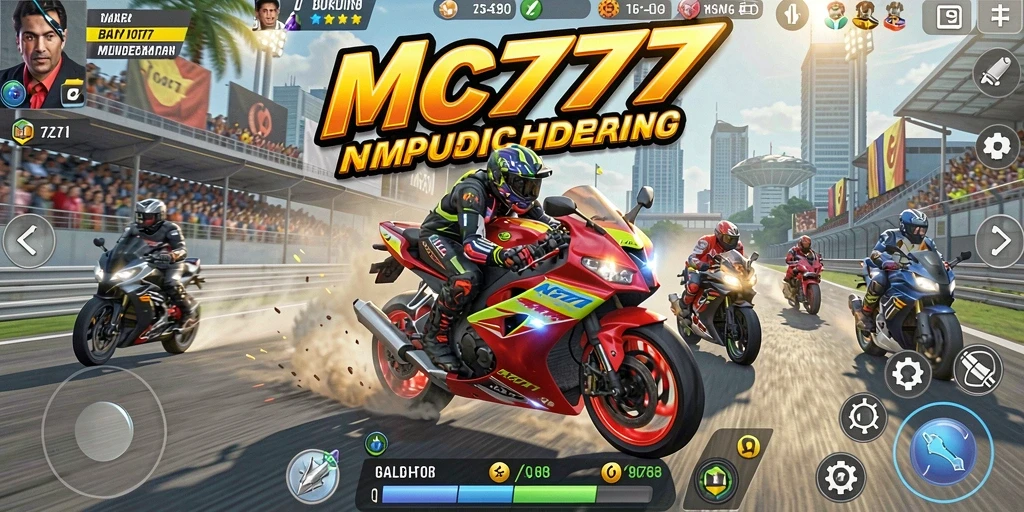 Tangkapan layar gameplay MC777 dengan aksi balap motor yang mendebarkan.